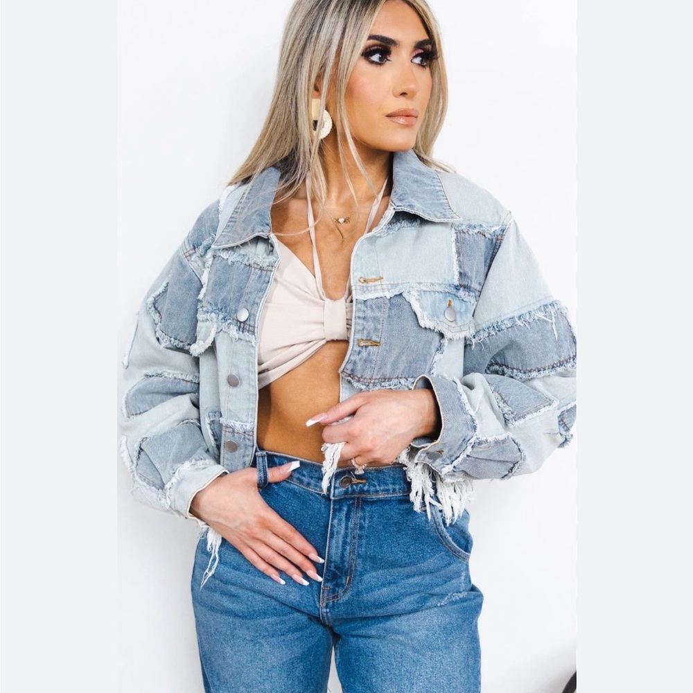 POL Two-Tone Patchwork Cropped Denim Jacket